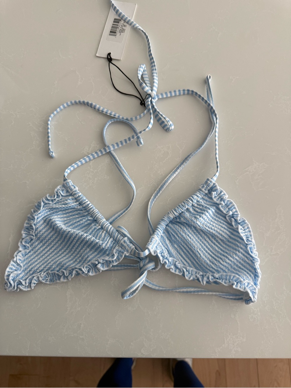Frankie's Bikinis Light Blue & White Striped Ruffle Bandeau Top